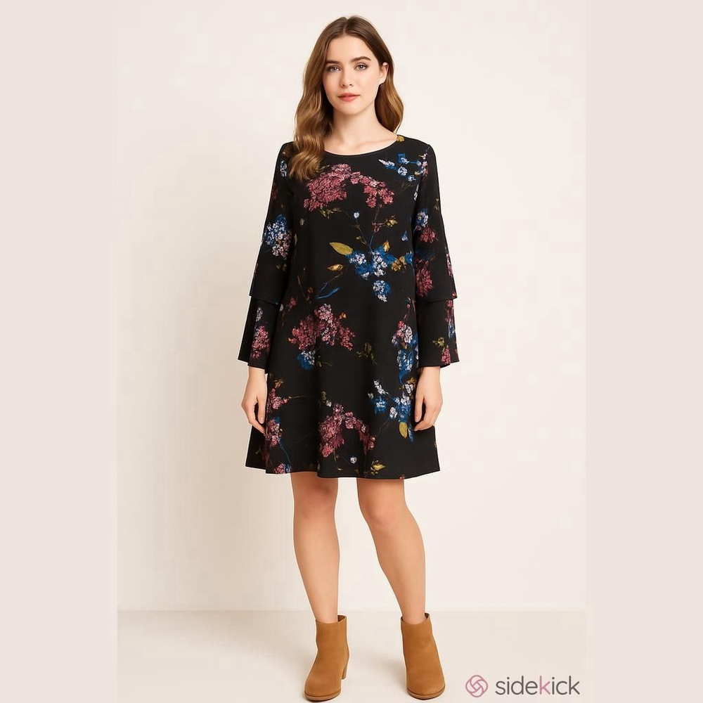 Worthington Tiered Bell Sleeve Floral Black Dress Size 4